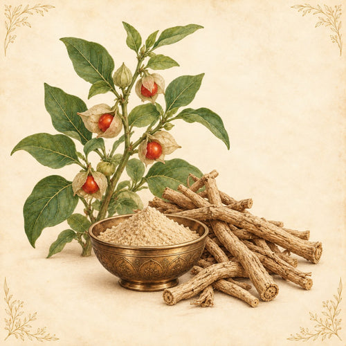 Ashwagandha: plant with berries, dried roots and root powder