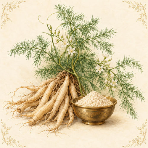 Shatavari: feathery branch, tuberous roots and powder