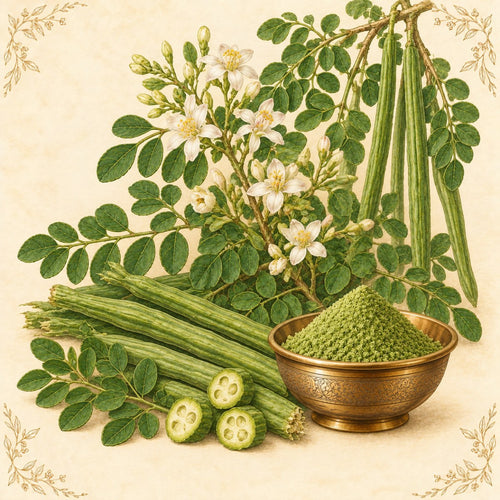 Moringa leaves, pods and powder in a brass bowl