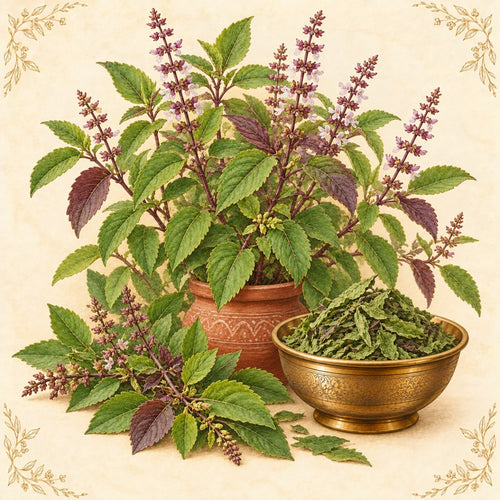 Tulsi plant and leaves in a brass bowl