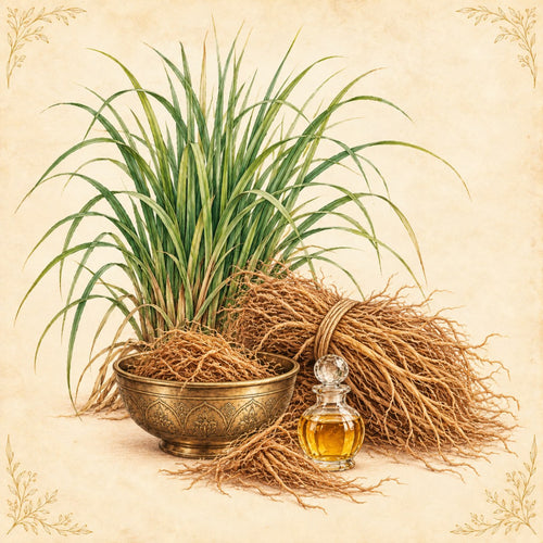 Khus grass, roots and oil in a brass bowl