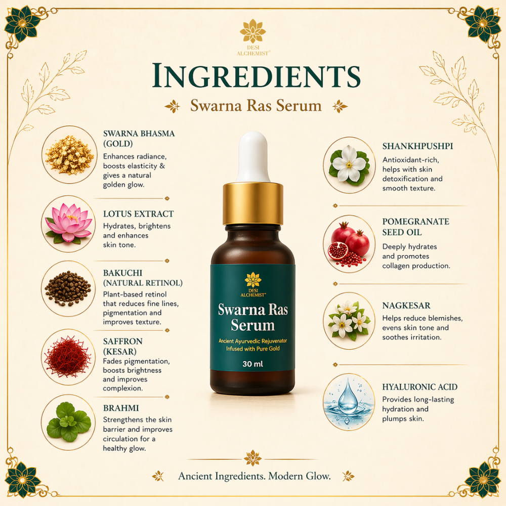 Swarna Ras Serum – A luxurious gold-infused Ayurvedic serum