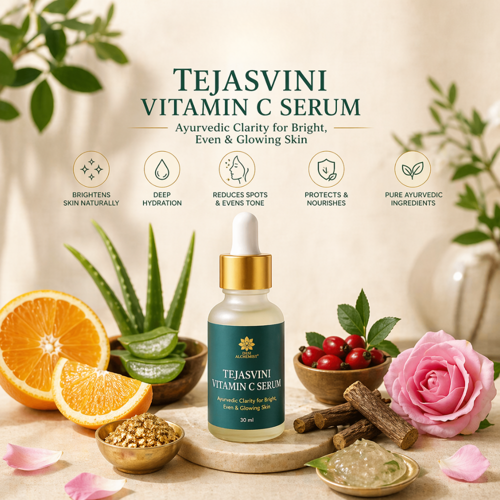 Tejasvini Vitamin C Serum – Brightening & Hydrating with Aloe Vera, Swarna Bhasma & Hyaluronic Acid (30ml)