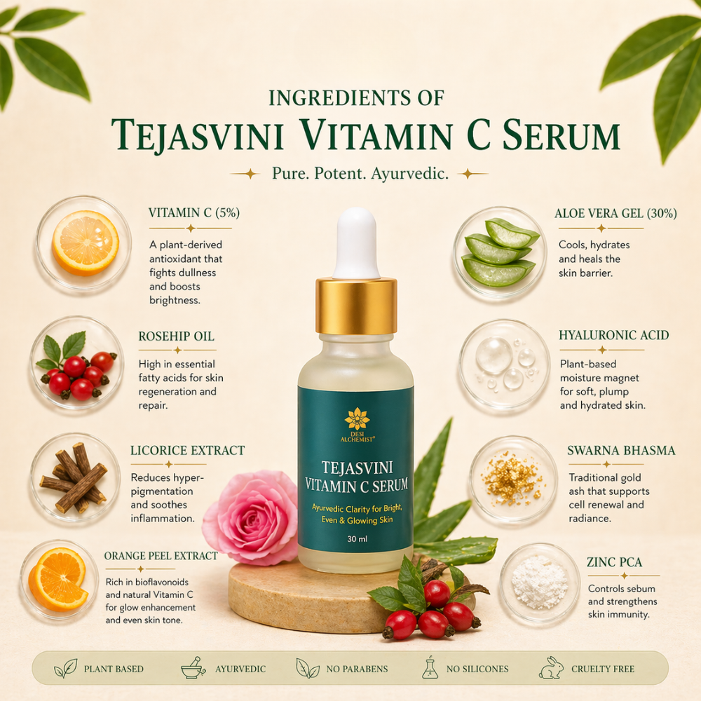 Tejasvini Vitamin C Serum – Brightening & Hydrating with Aloe Vera, Swarna Bhasma & Hyaluronic Acid (30ml)