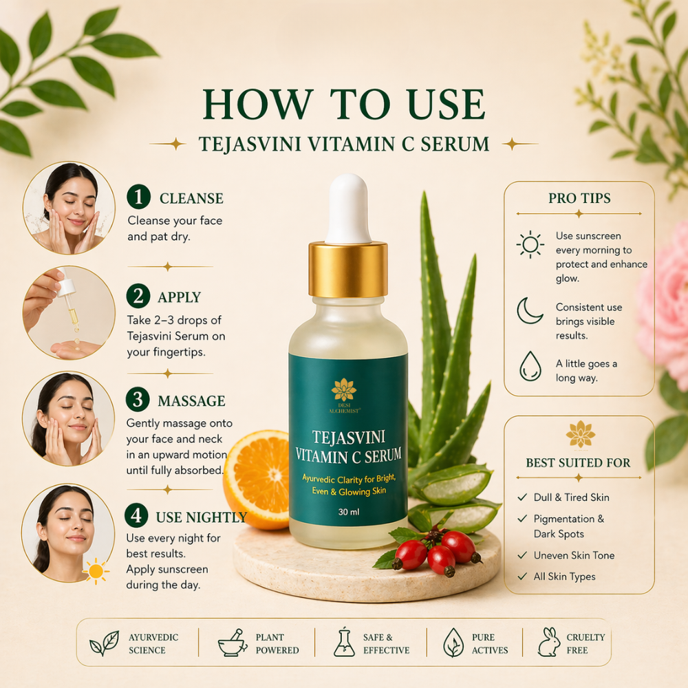 Tejasvini Vitamin C Serum – Brightening & Hydrating with Aloe Vera, Swarna Bhasma & Hyaluronic Acid (30ml)