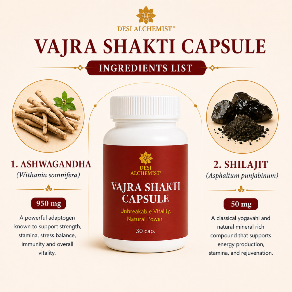 Vajra Shakti Capsules – Ayurvedic Ashwagandha & Shilajit Formula (30 Caps)