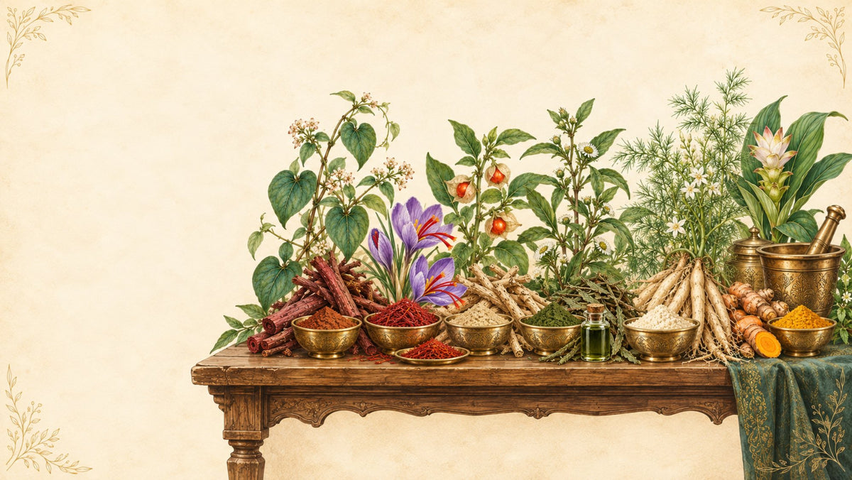 Aushadhi Kosh: Ayurvedic herbs in brass bowls on an apothecary table