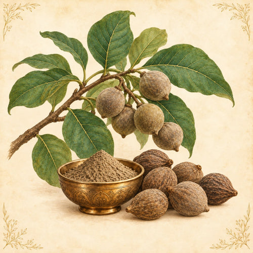 Bibhitaki (baheda) fruits and powder in a brass bowl