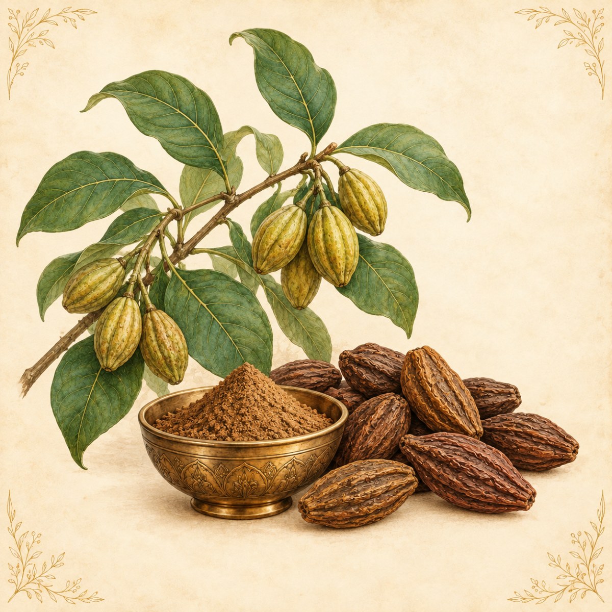 Haritaki fruits and powder in a brass bowl