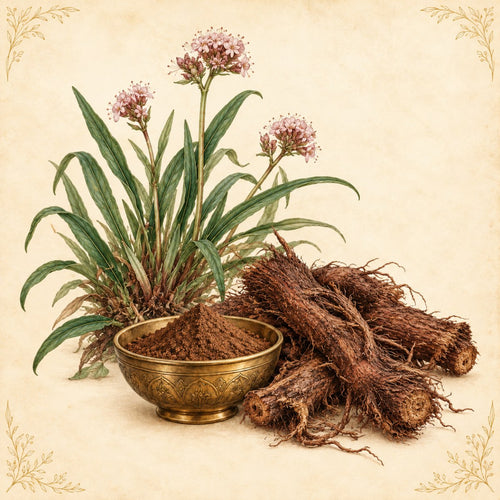 Jatamansi roots and powder in a brass bowl