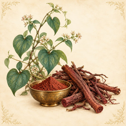 Manjishtha (Rubia cordifolia): roots, vine and powder in a brass bowl