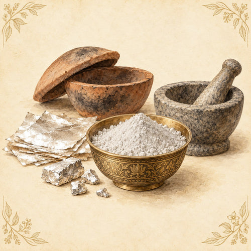 Rajat Bhasma: silver vark, clay crucible, stone khalva and bhasma in a brass bowl