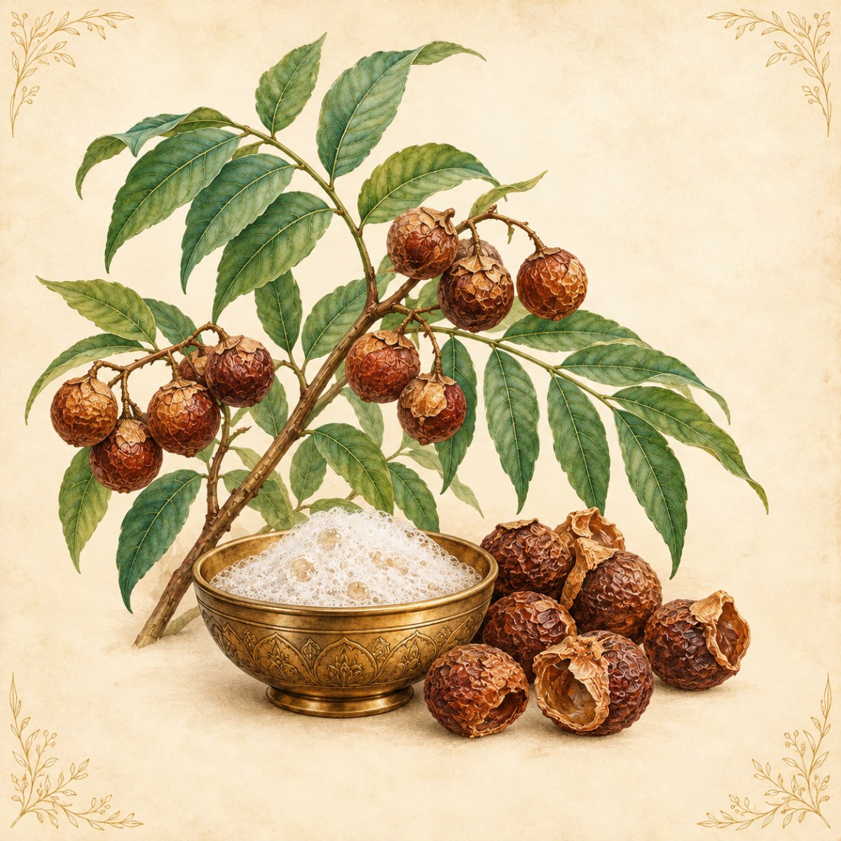 Reetha soapnuts and lather in a brass bowl