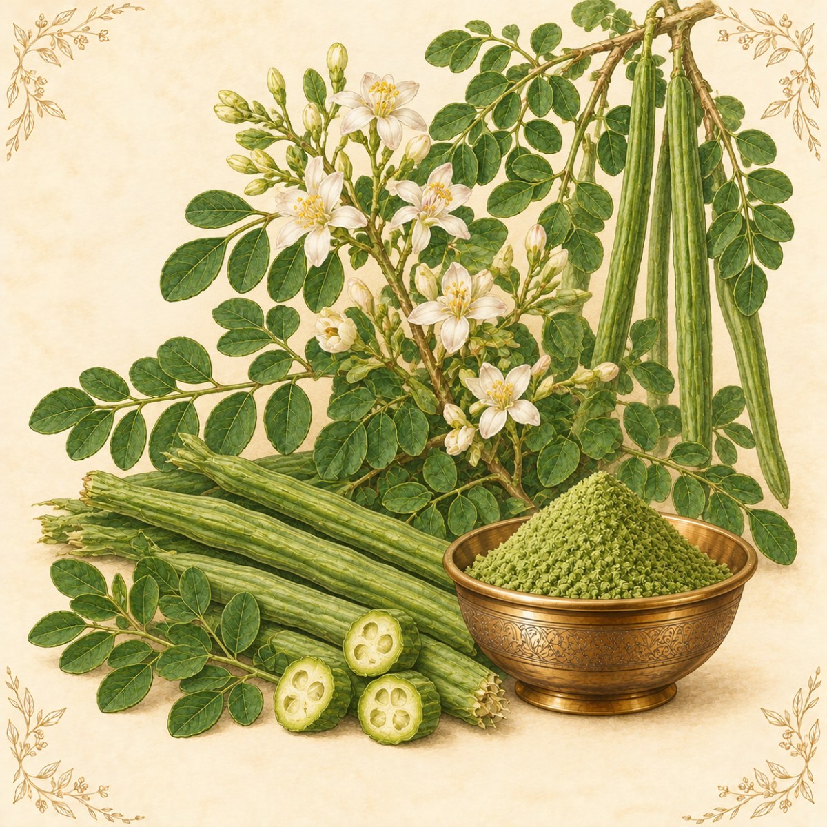 Moringa leaves, pods and powder in a brass bowl