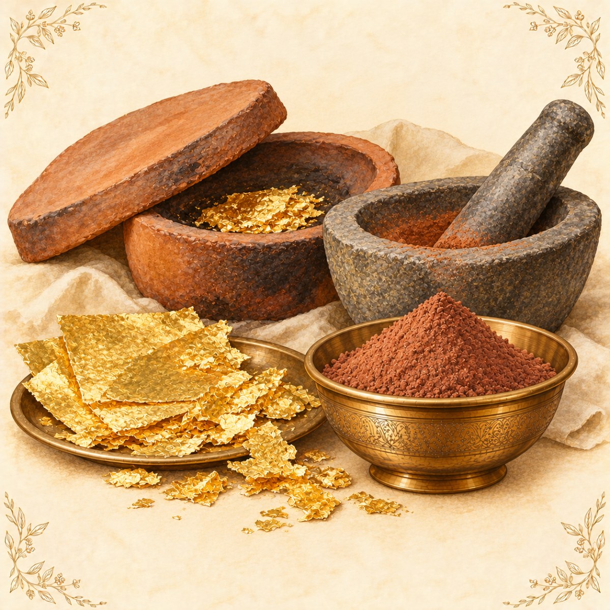 Swarna Bhasma: gold leaf, clay crucible, stone khalva and bhasma in a brass bowl